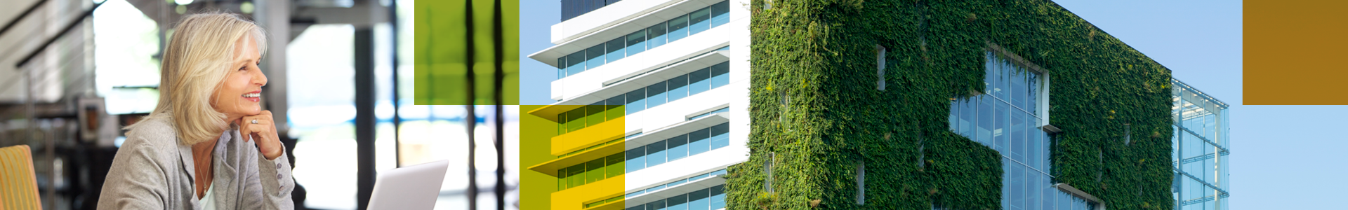 Banner met een vrouw achter een laptop en een kantoorgebouw met planten op de gevel